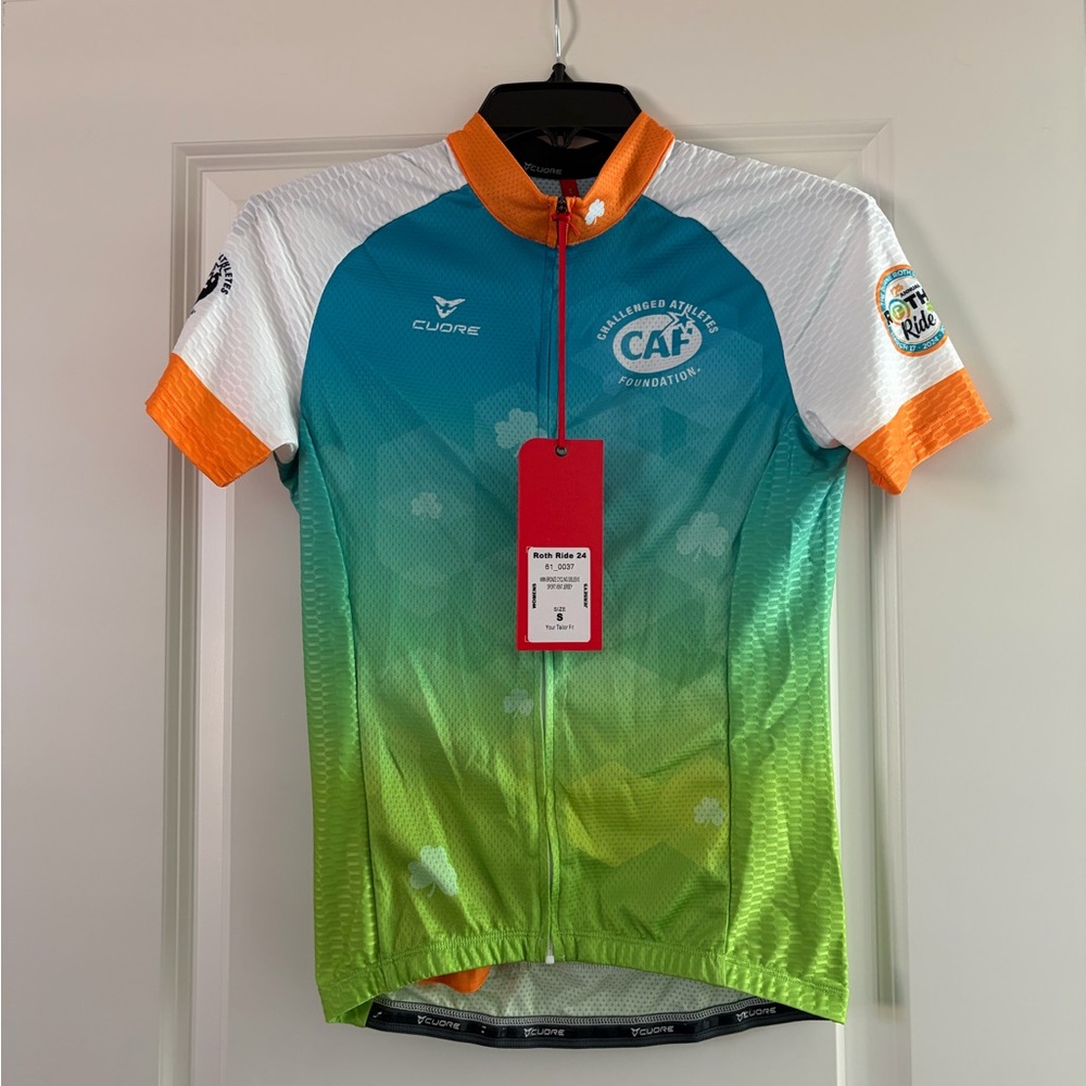 CUORE CAF Gradient Green-Blue Women's Cycling Jersey with Orange Trim NWT size S